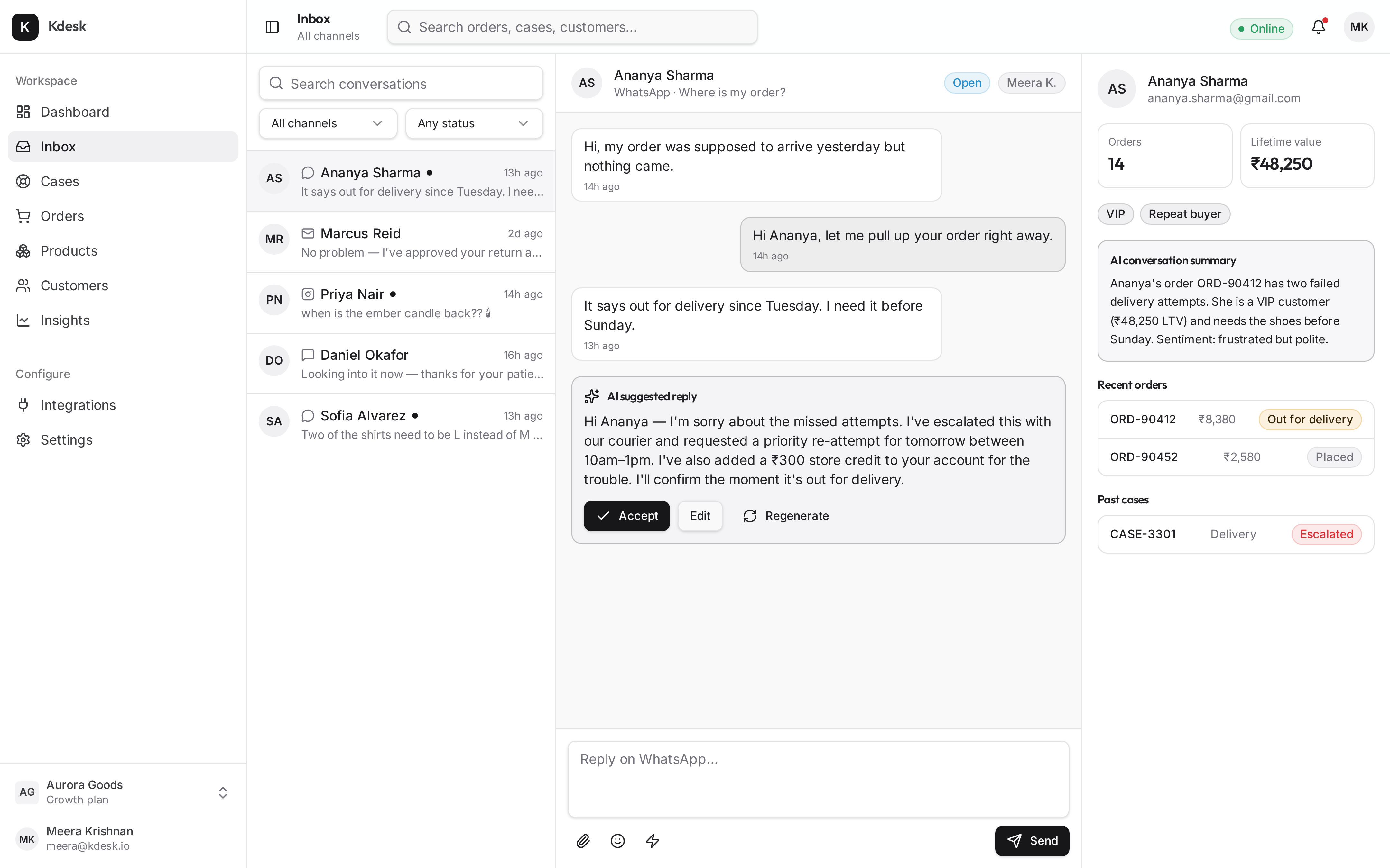 Kdesk unified inbox — WhatsApp conversation with AI suggested reply and customer context